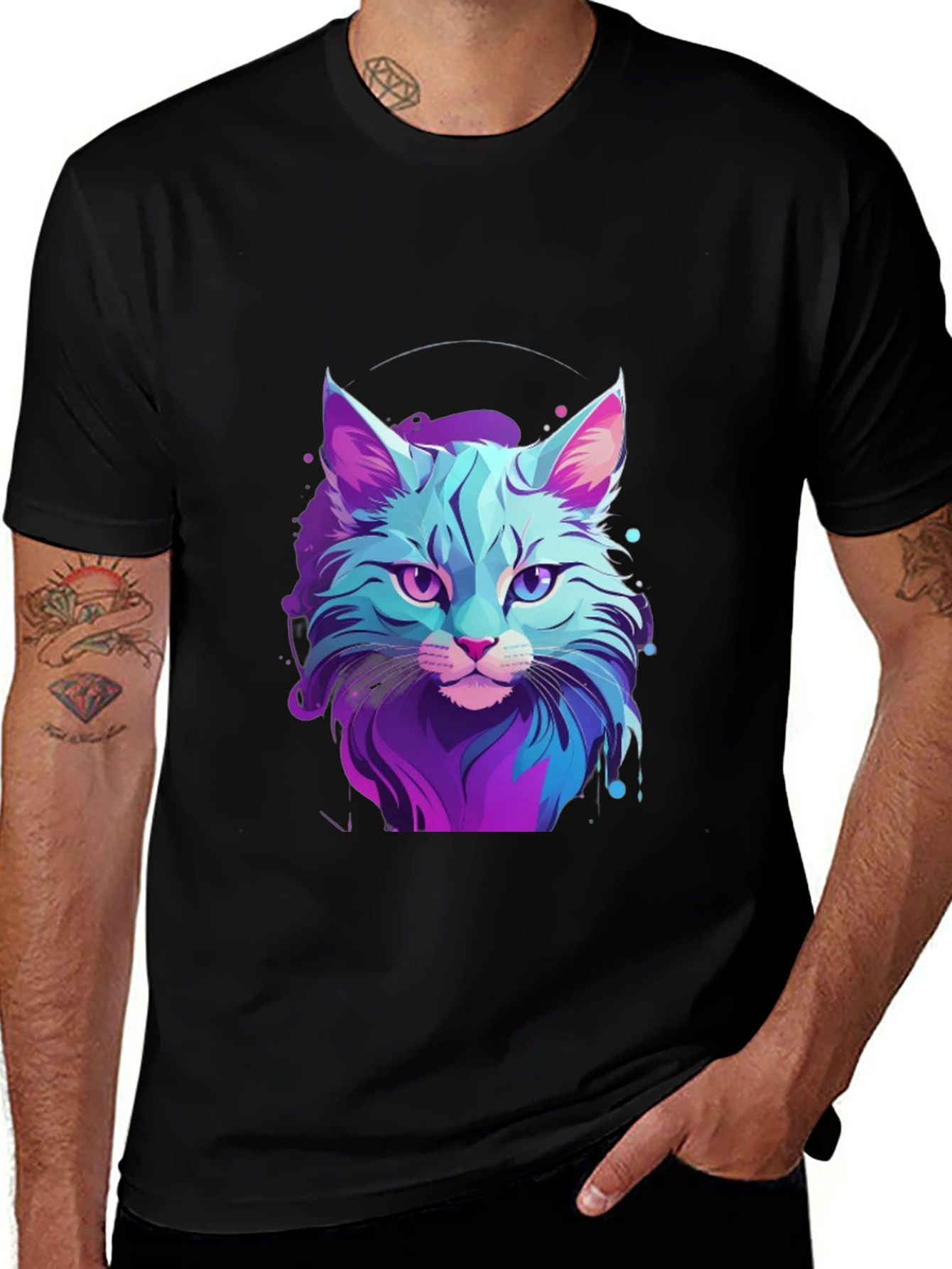 Neon Cat Graphic Tee - Stylish Mens Black T-Shirt