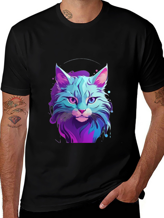 Neon Cat Graphic Tee - Stylish Mens Black T-Shirt
