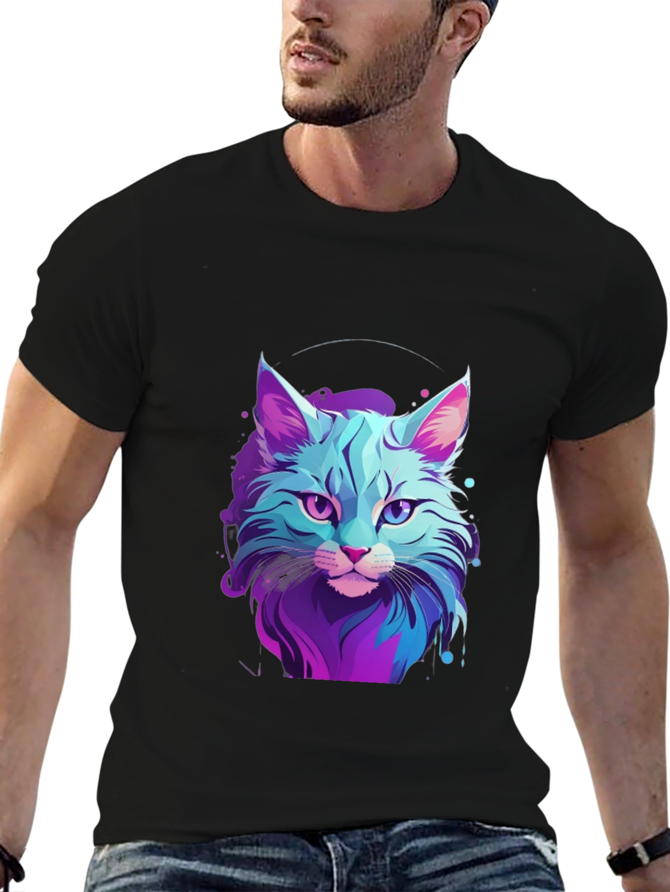 Neon Cat Graphic Tee - Stylish Mens Black T-Shirt