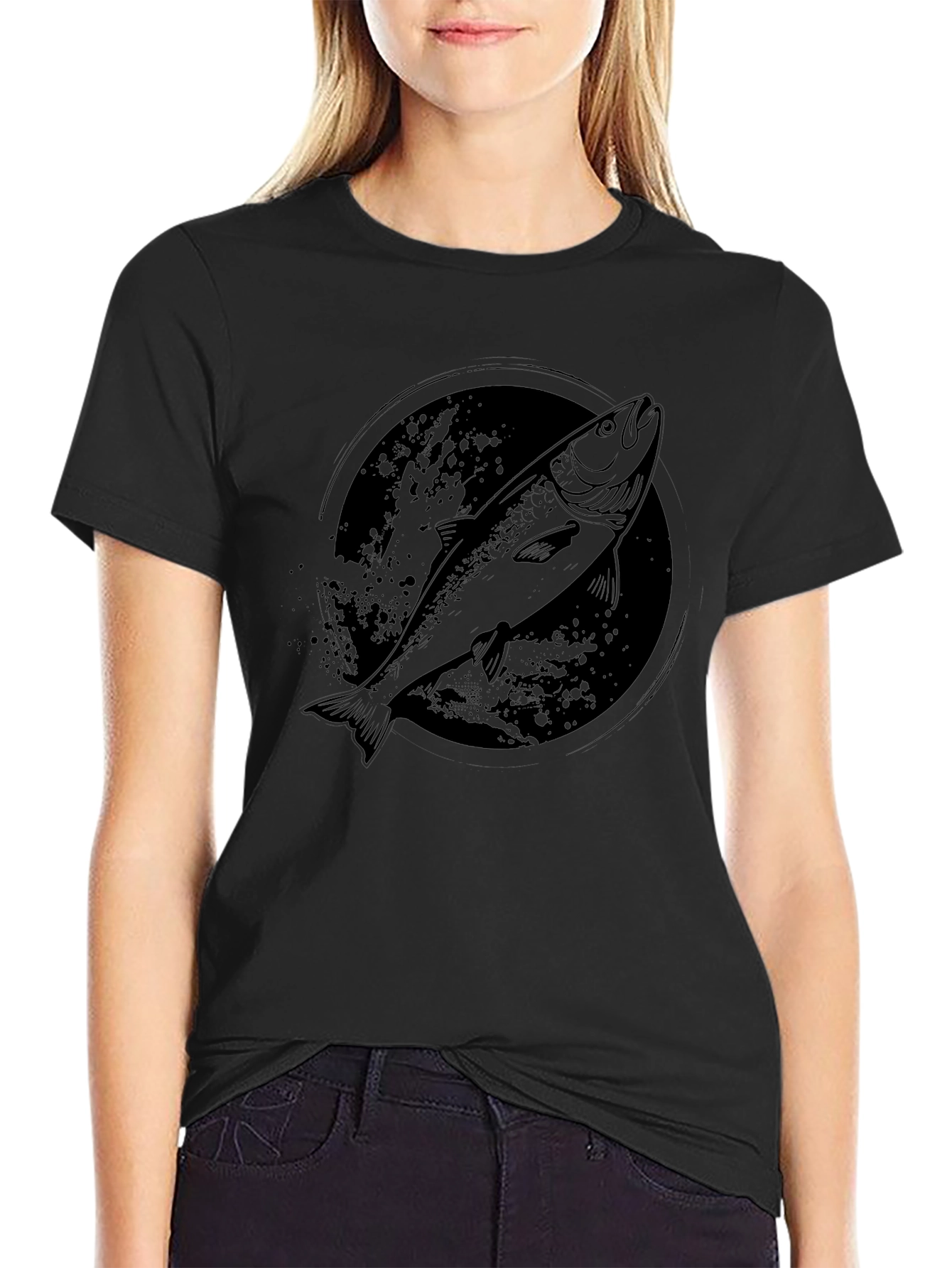Mens Black Salmon Graphic T-Shirt