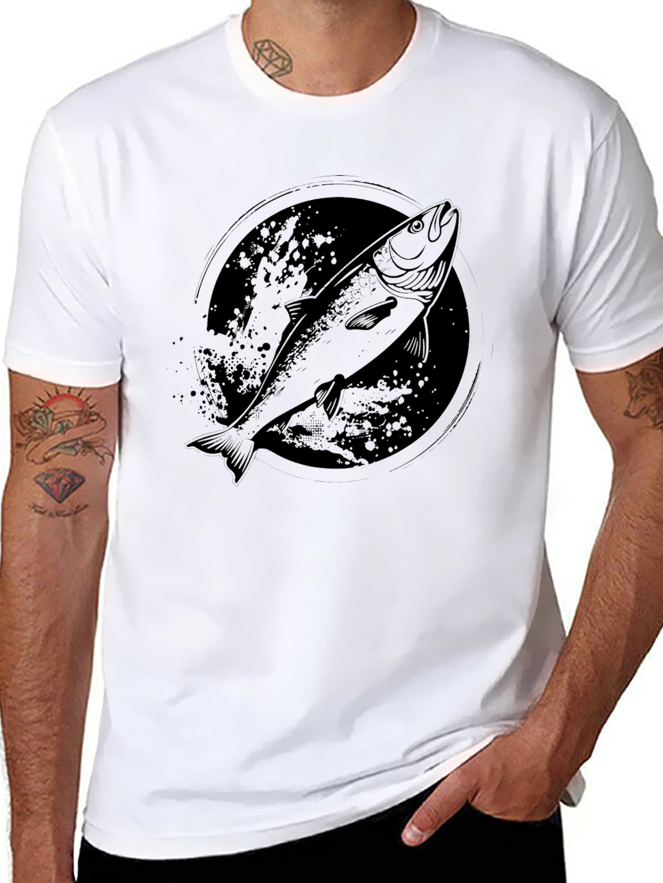 Mens Black Salmon Graphic T-Shirt
