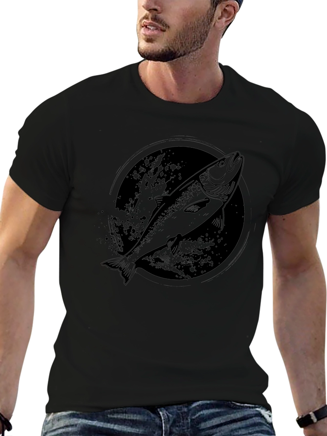 Mens Black Salmon Graphic T-Shirt