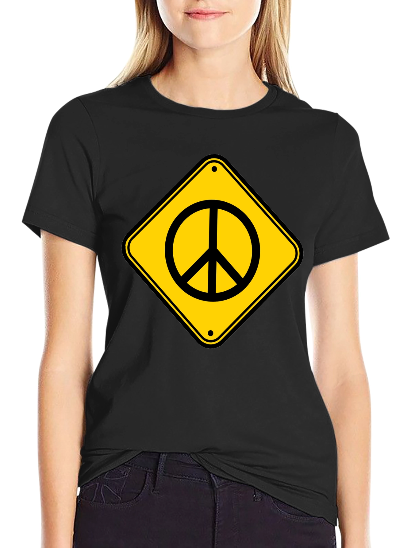 Peace Sign Road Sign Black T-Shirt