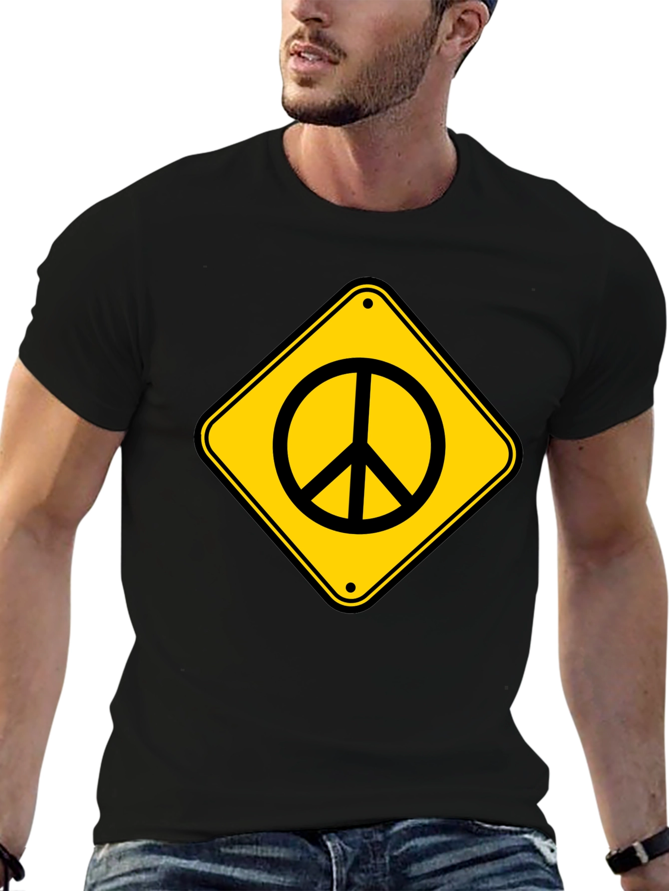Peace Sign Road Sign Black T-Shirt