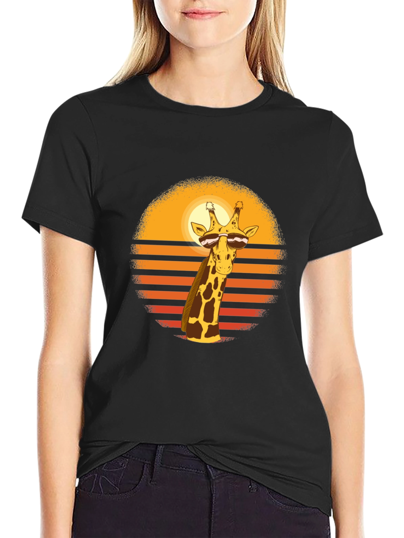 Cool Giraffe Sunset Graphic Tee - Black Cotton Blend