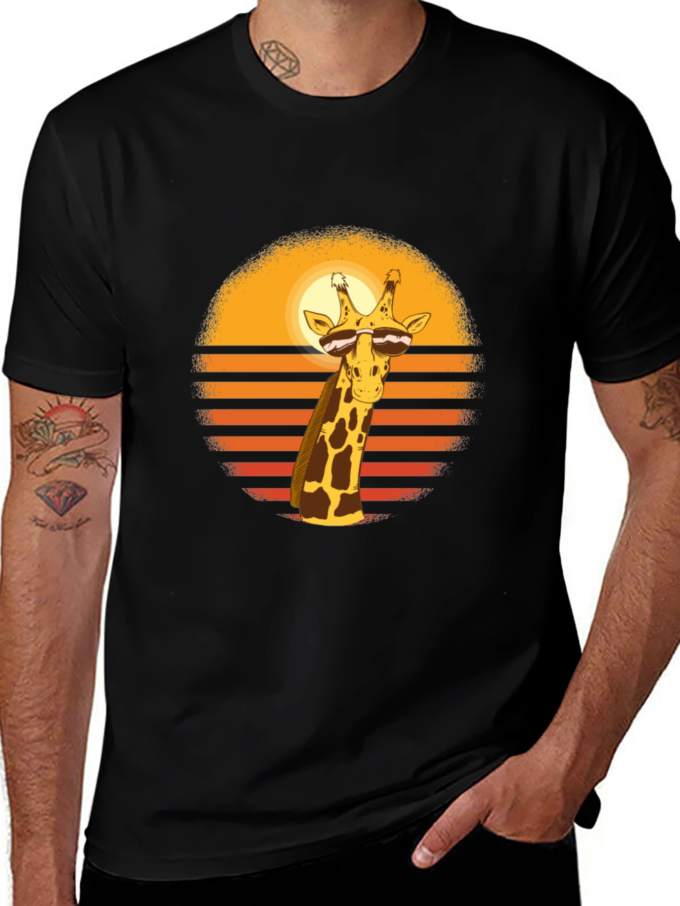 Cool Giraffe Sunset Graphic Tee - Black Cotton Blend