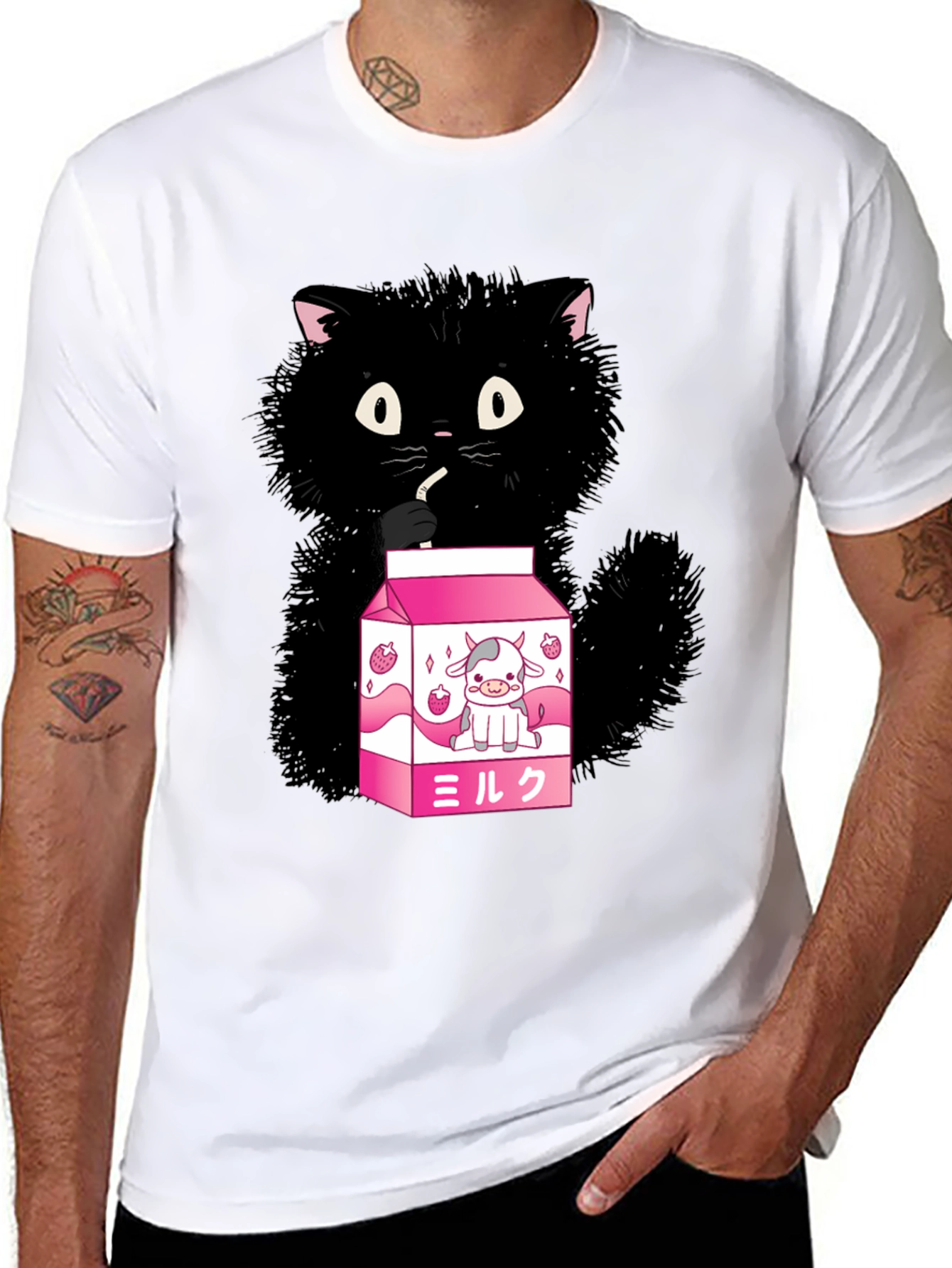Cute Cat Drinking Milk T-Shirt - Kawaii Style