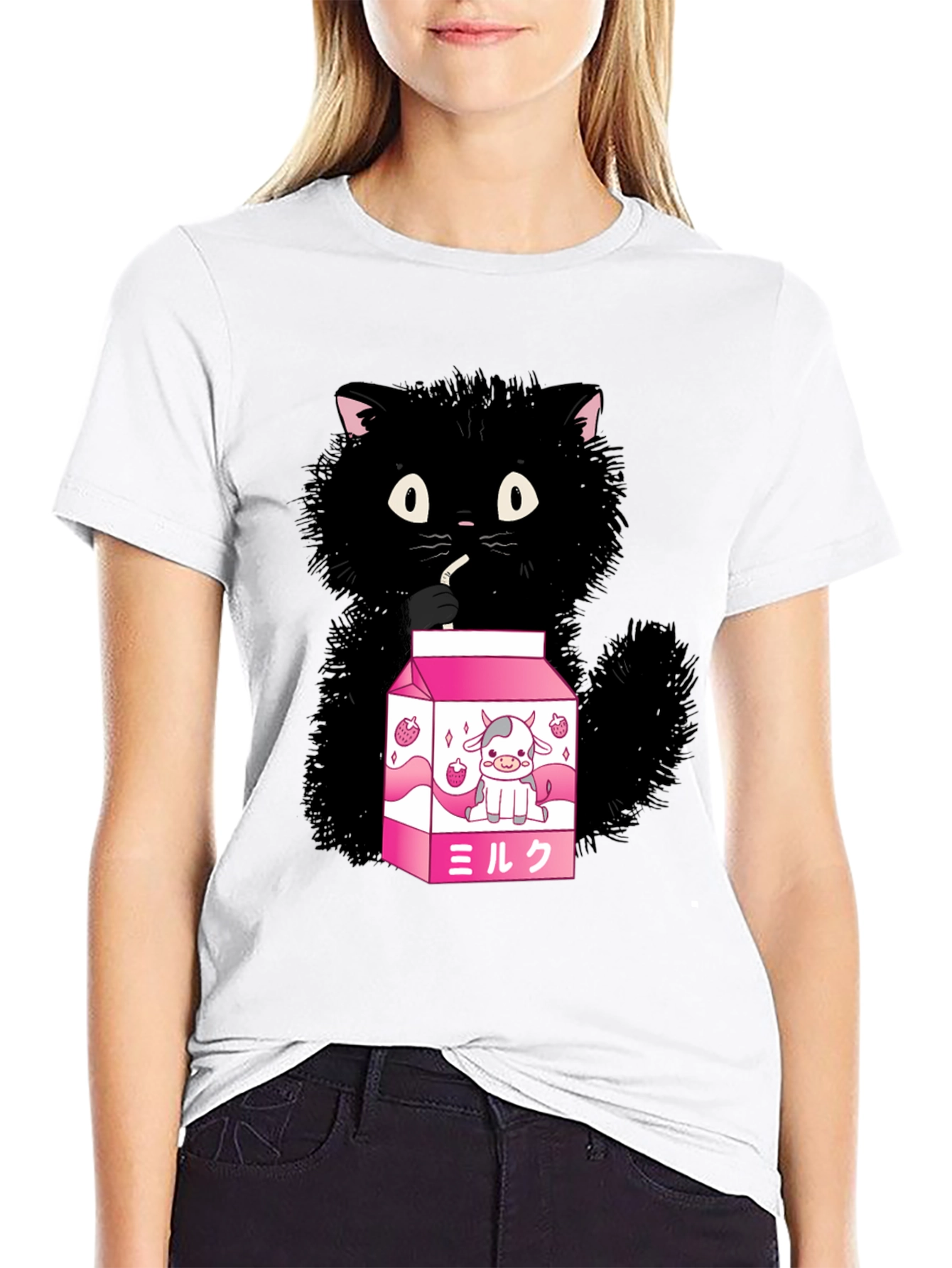 Cute Cat Drinking Milk T-Shirt - Kawaii Style