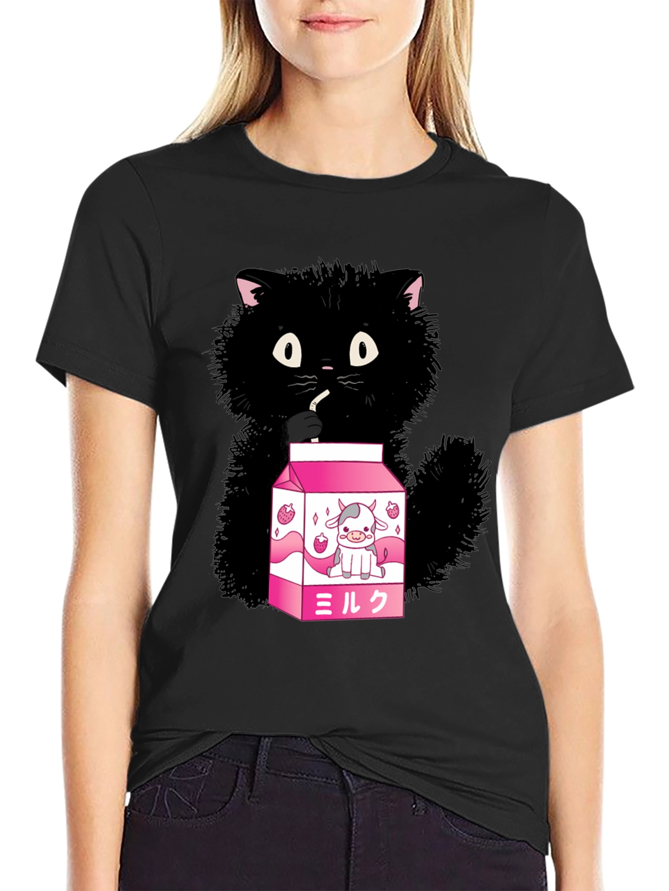 Cute Cat Drinking Milk T-Shirt - Kawaii Style
