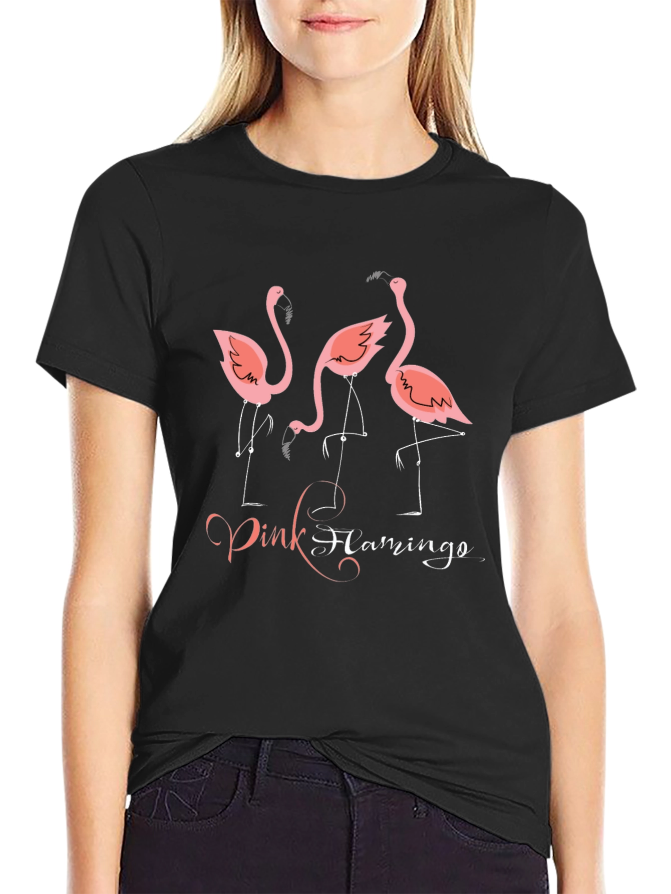 Pink Flamingo Graphic Tee - Black Cotton T-Shirt