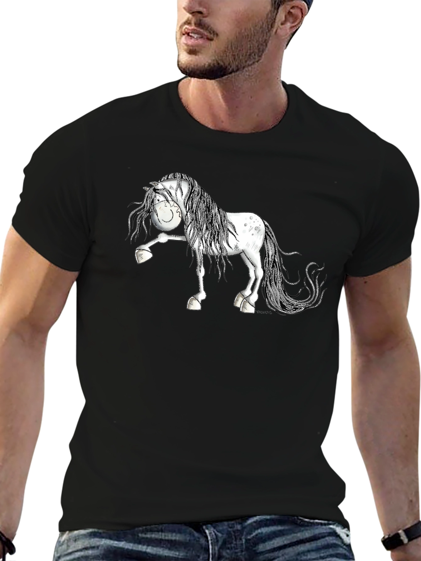 Cartoon Horse T-Shirt - Black Cotton Tee