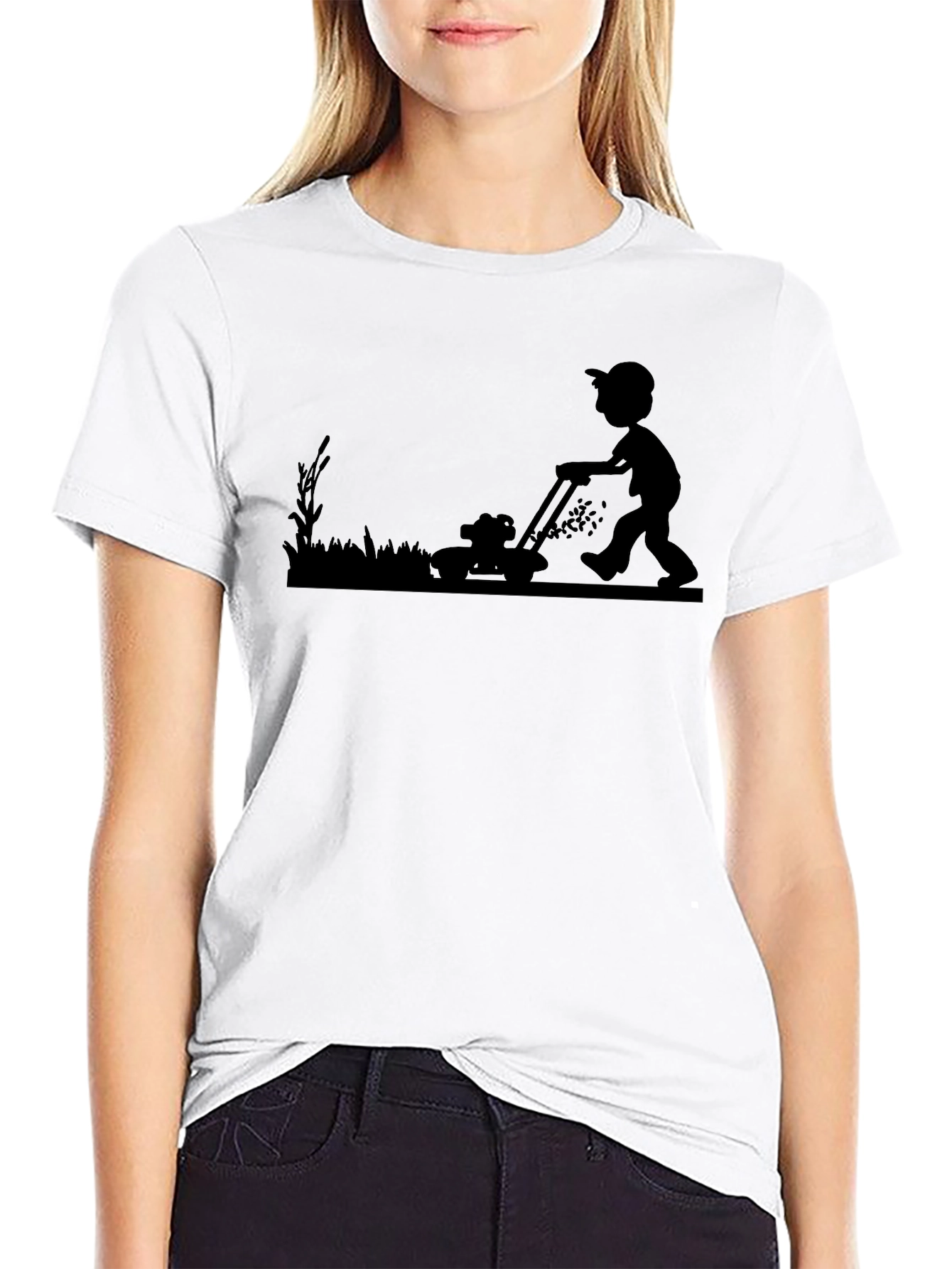 Mens Black T-Shirt with Lawn Mowing Graphic