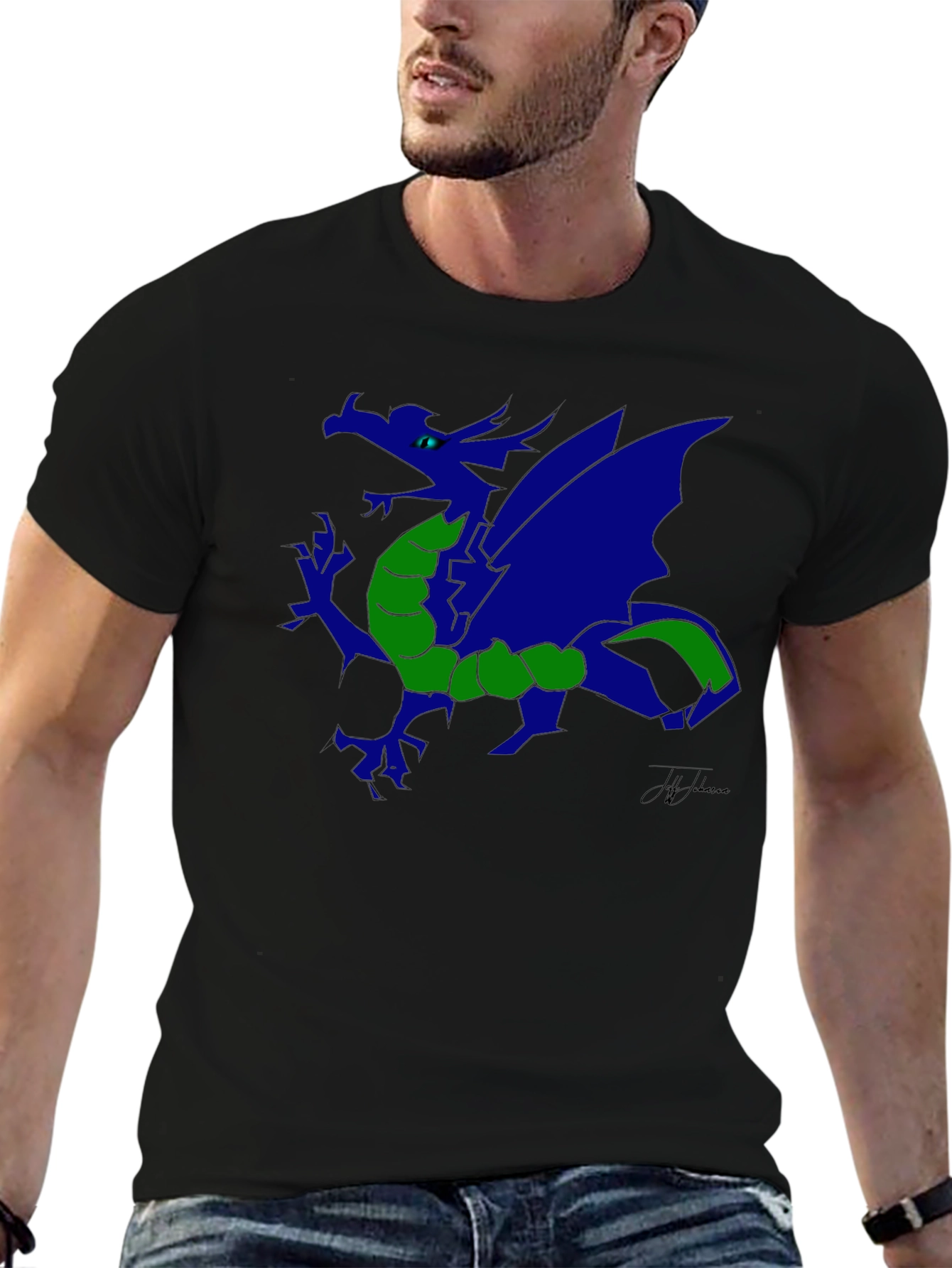 Blue Dragon Graphic Print Black T-Shirt
