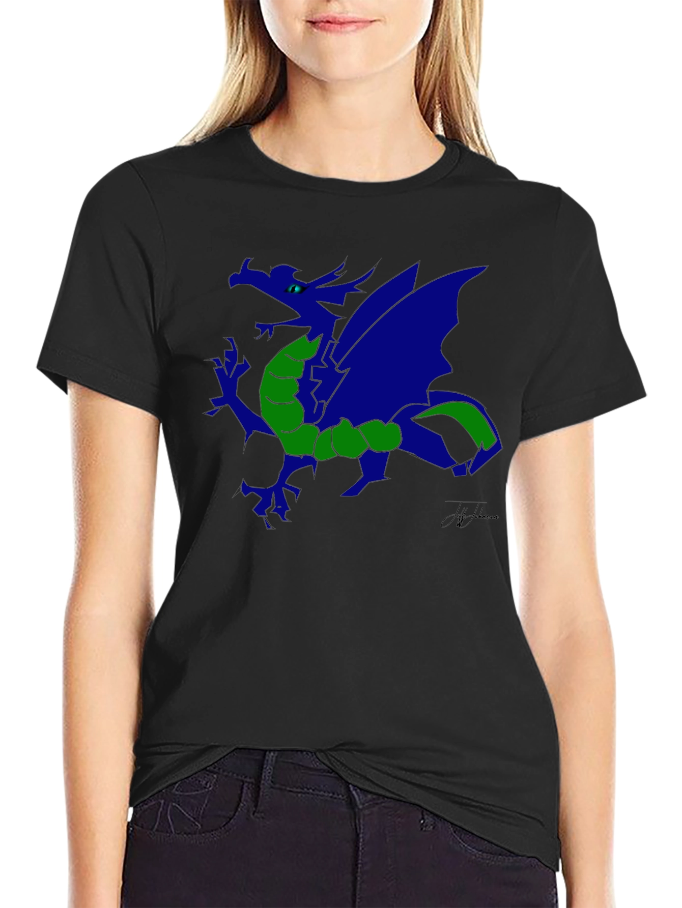 Blue Dragon Graphic Print Black T-Shirt