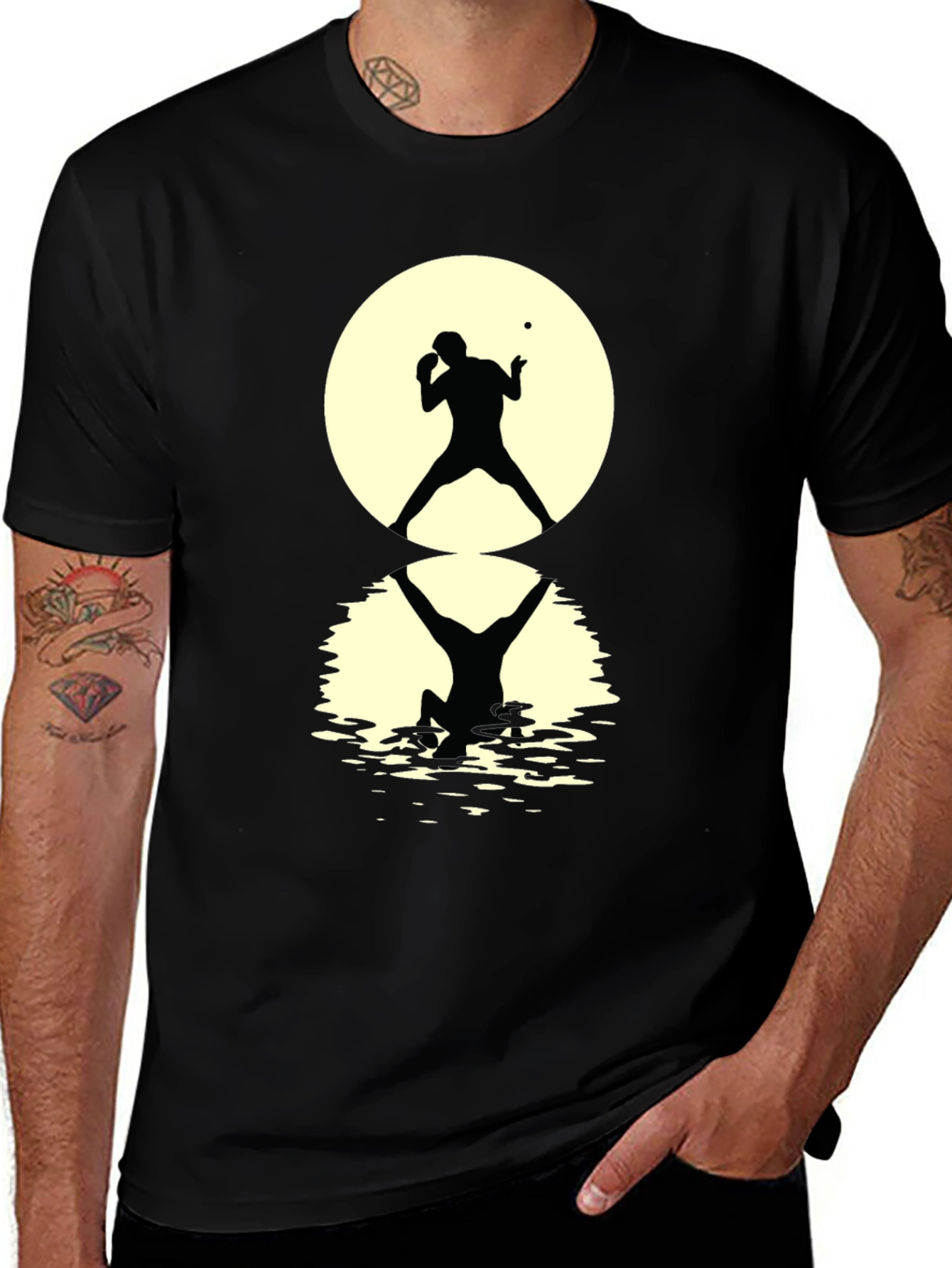 Ping Pong Player Silhouette Graphic Tee - Black