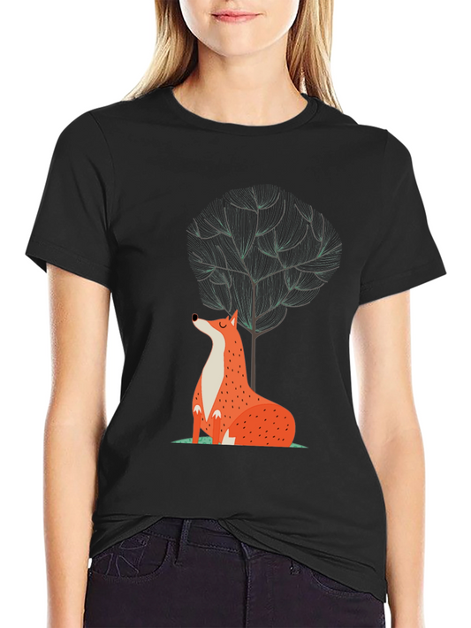 Fox & Tree Graphic Tee - Black Cotton Casual T-Shirt