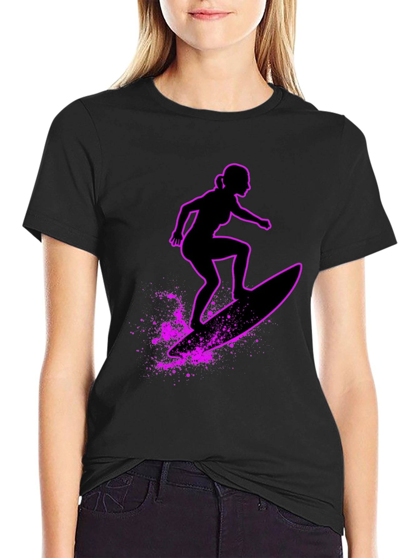Surfer Girl Graphic T-Shirt - Black Casual Tee