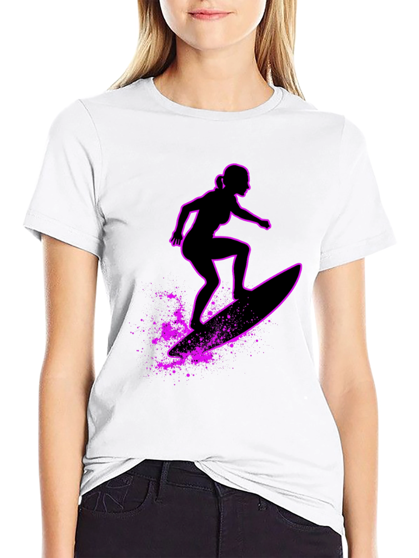 Surfer Girl Graphic T-Shirt - Black Casual Tee