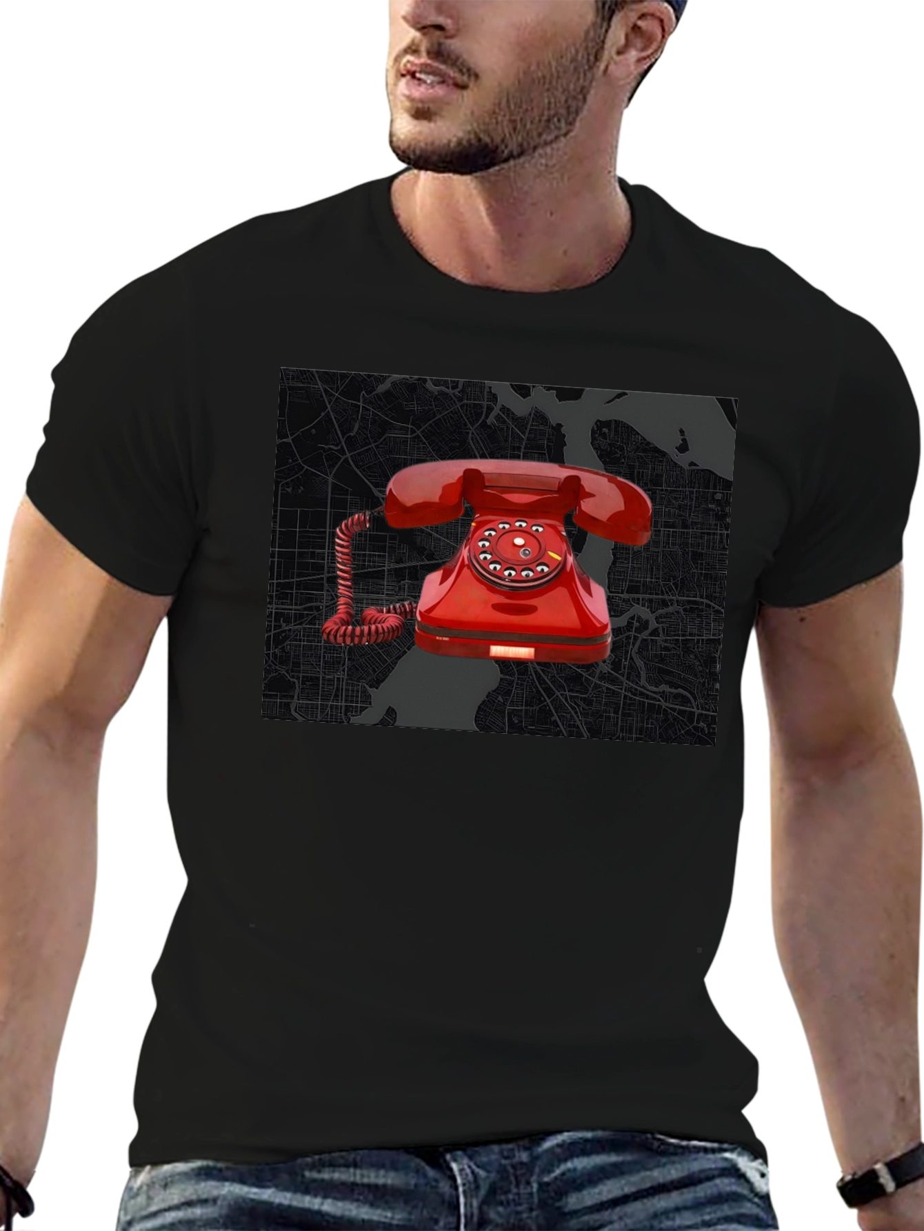 Retro Red Rotary Phone Graphic Tee - Modern Streetwear