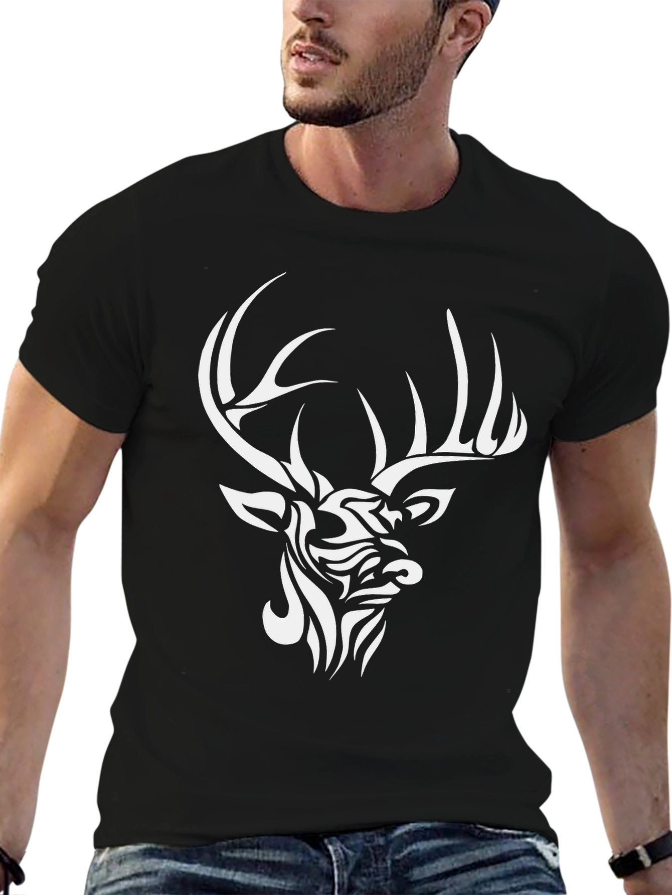 Tribal Deer Graphic T-Shirt - Stylish Black Tee
