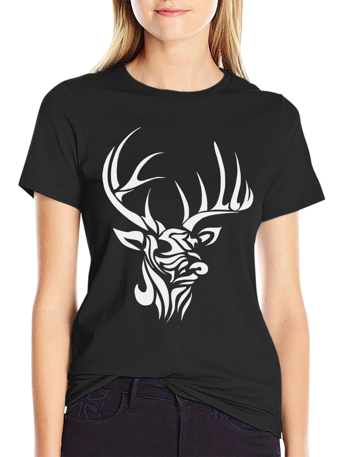 Tribal Deer Graphic T-Shirt - Stylish Black Tee