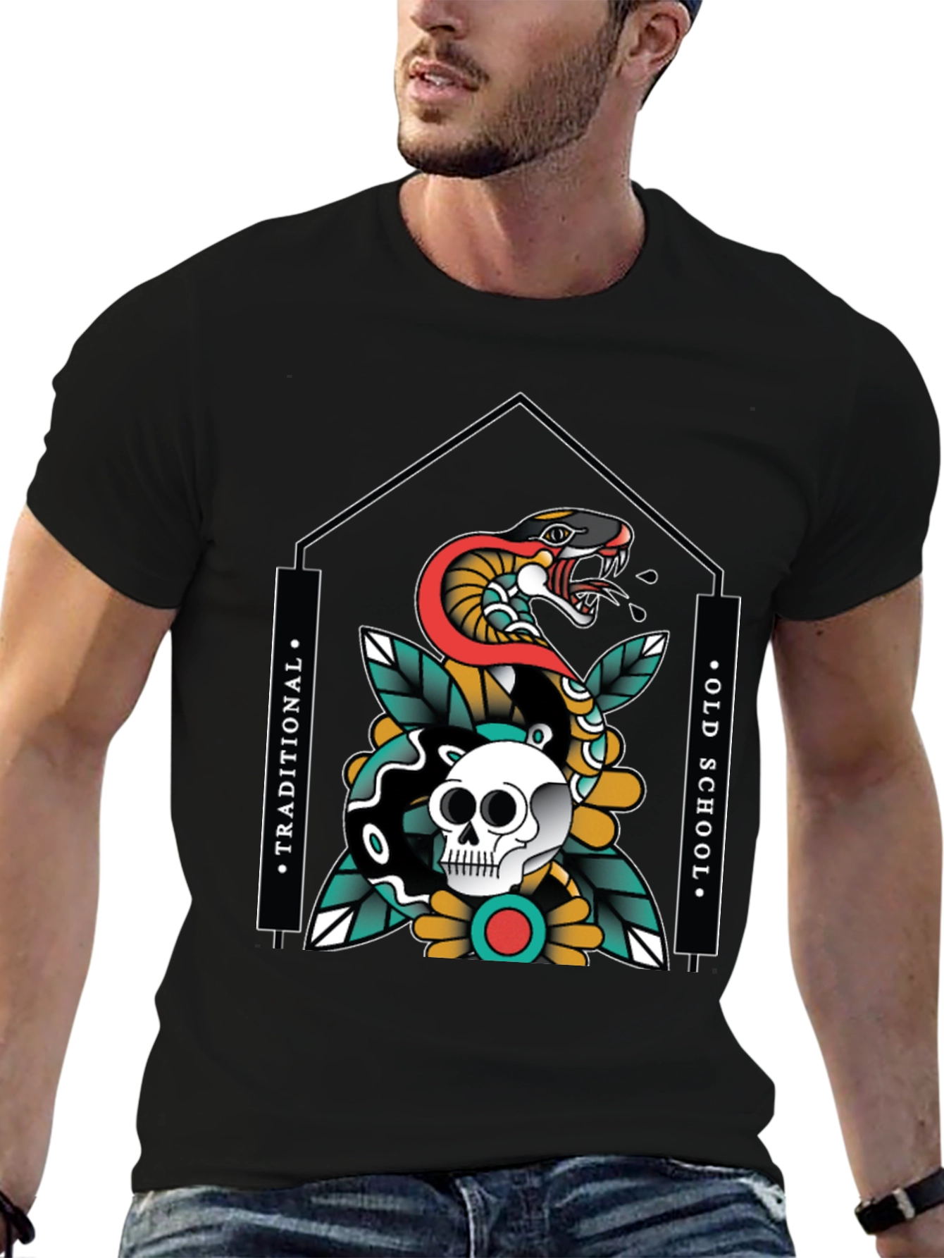 Skull & Snake Graphic Tee - Traditional Old School