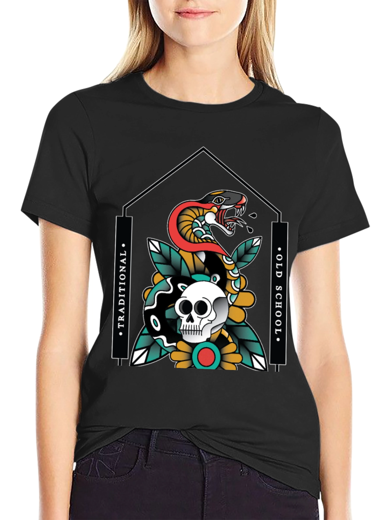 Skull & Snake Graphic Tee - Traditional Old School