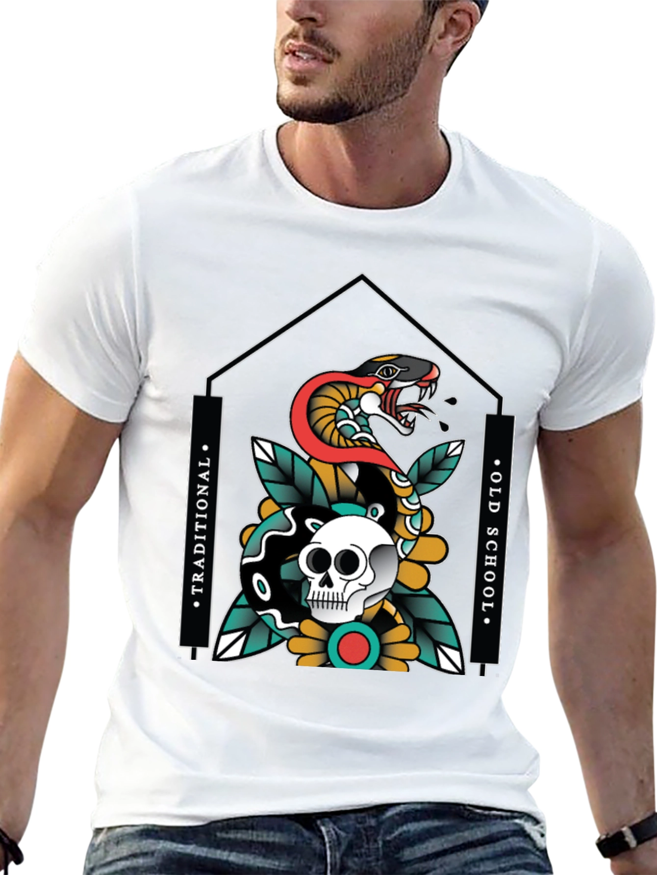 Skull & Snake Graphic Tee - Traditional Old School