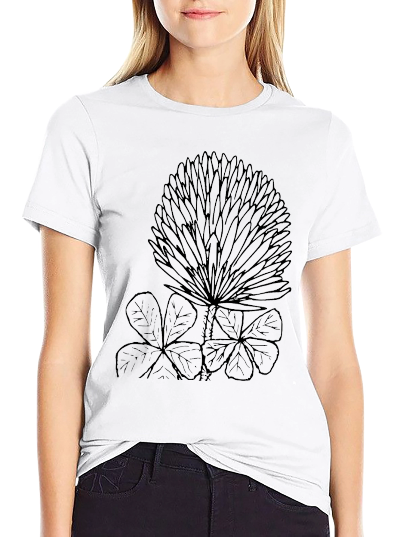 Black T-Shirt with Clover and Floral Design