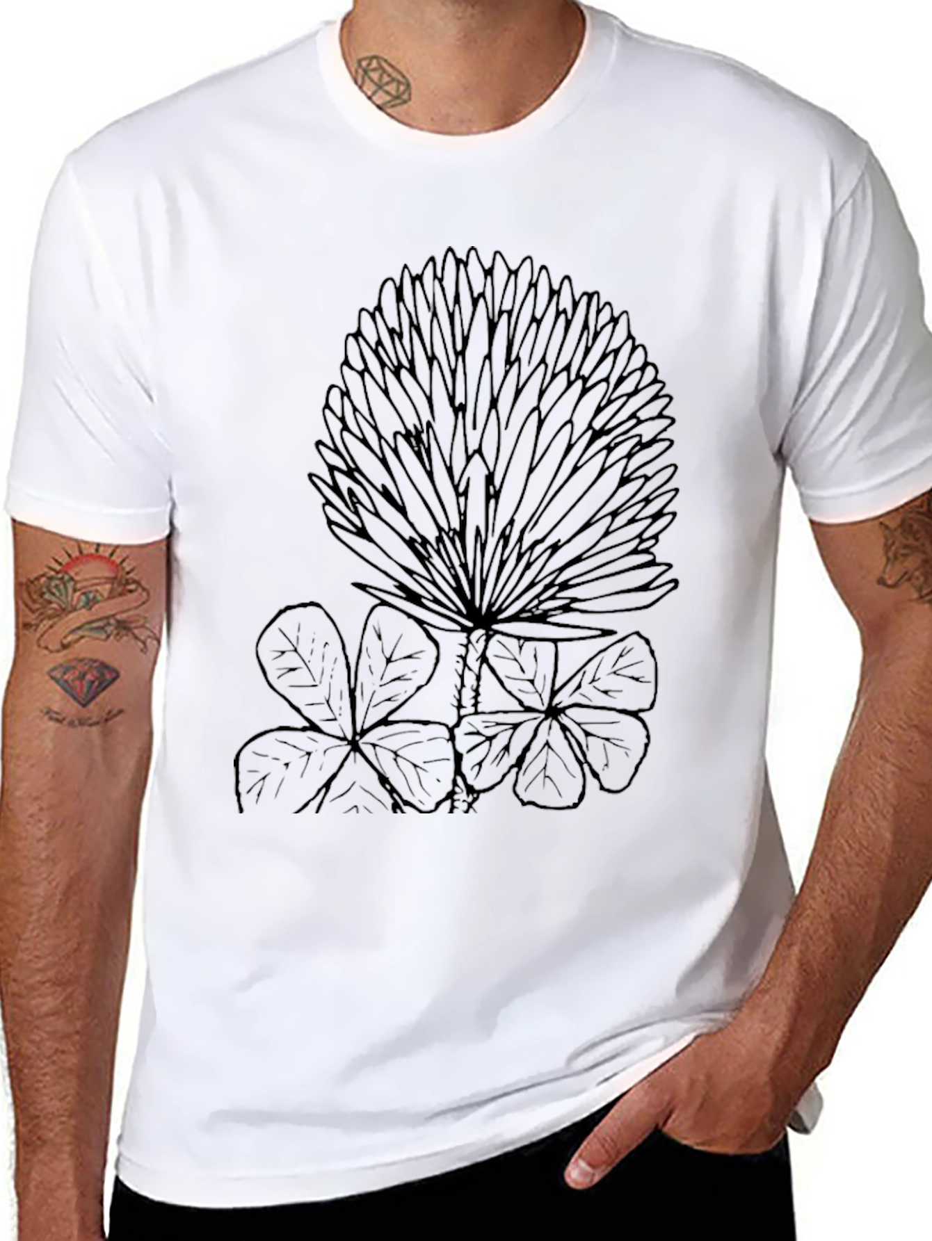 Black T-Shirt with Clover and Floral Design