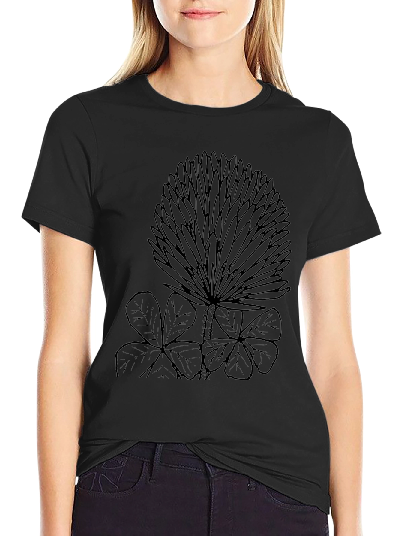 Black T-Shirt with Clover and Floral Design