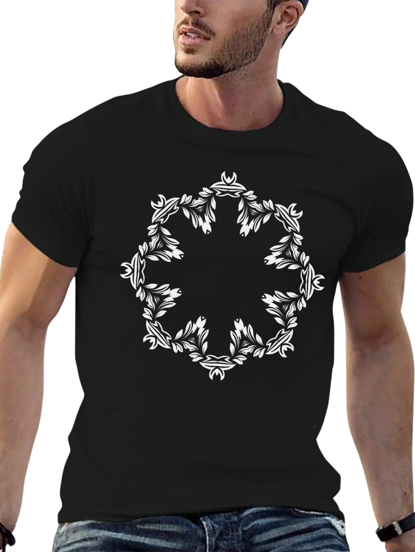 Black Tee with Floral Mandala Design
