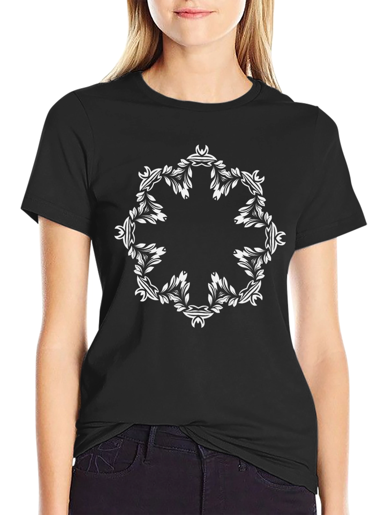 Black Tee with Floral Mandala Design