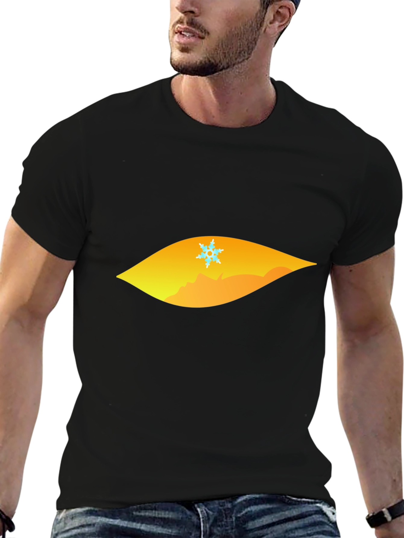 Black T-Shirt with Geometric Snowflake Mountain Design