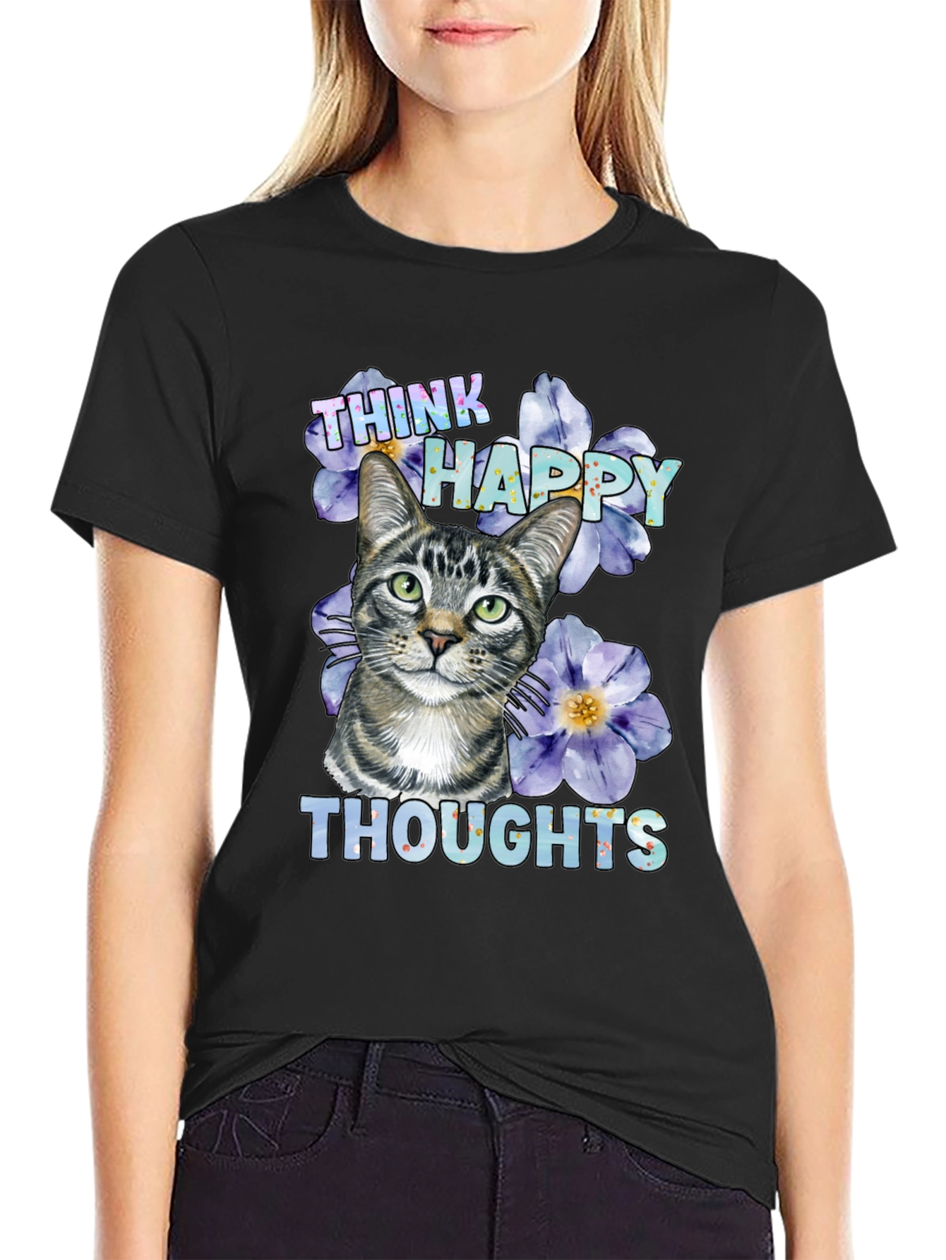 Think Happy Thoughts Cat Graphic T-Shirt