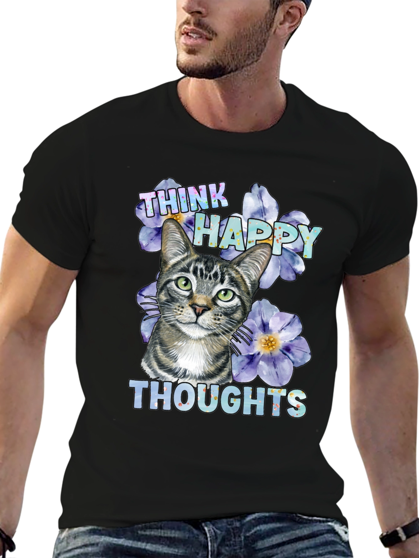 Think Happy Thoughts Cat Graphic T-Shirt