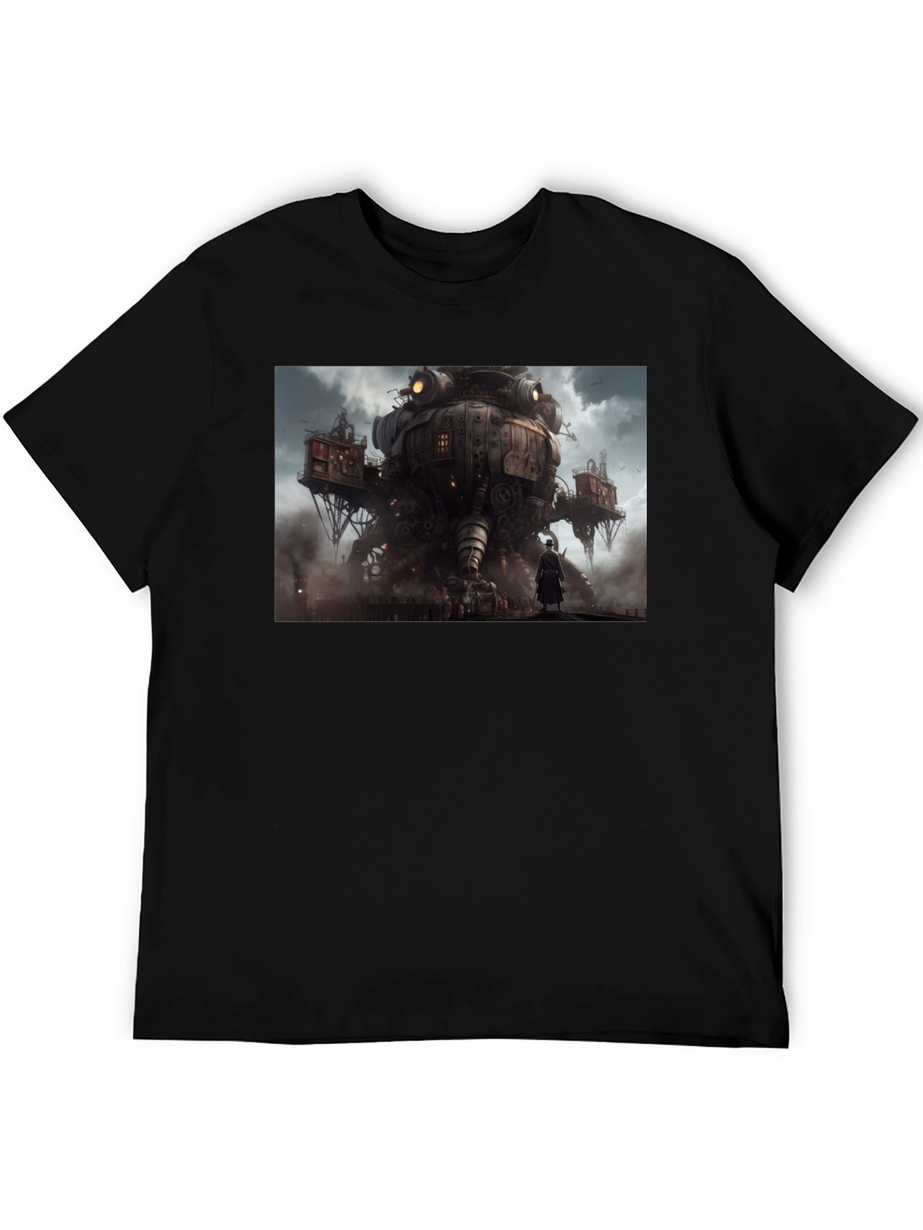 Steampunk Cityscape Graphic Tee - Bold Black Cotton Shirt