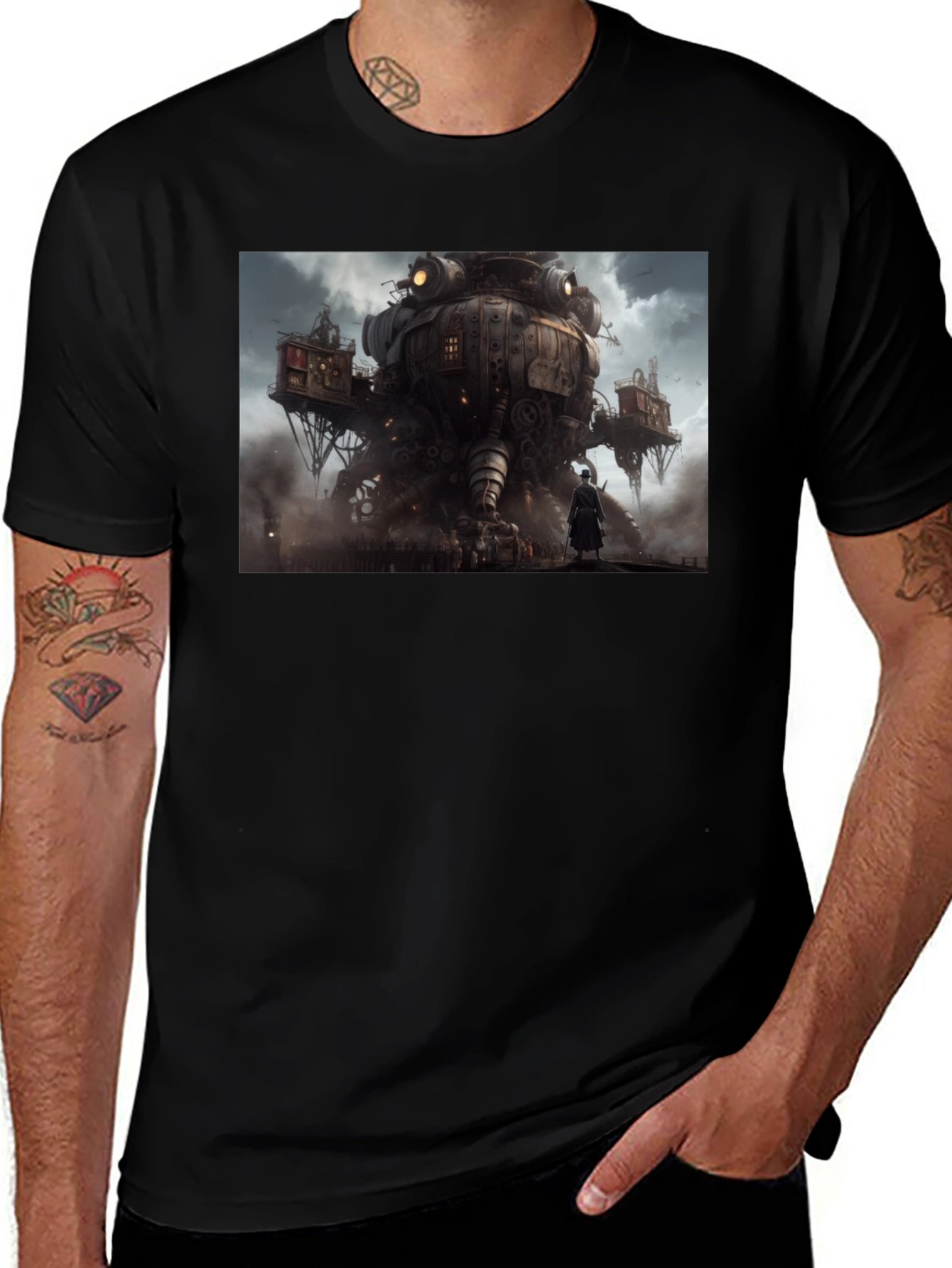 Steampunk Cityscape Graphic Tee - Bold Black Cotton Shirt