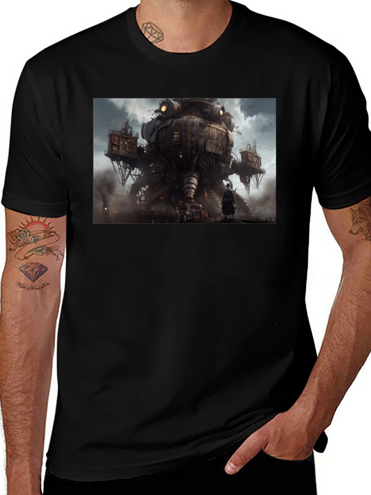 Steampunk Cityscape Graphic Tee - Bold Black Cotton Shirt