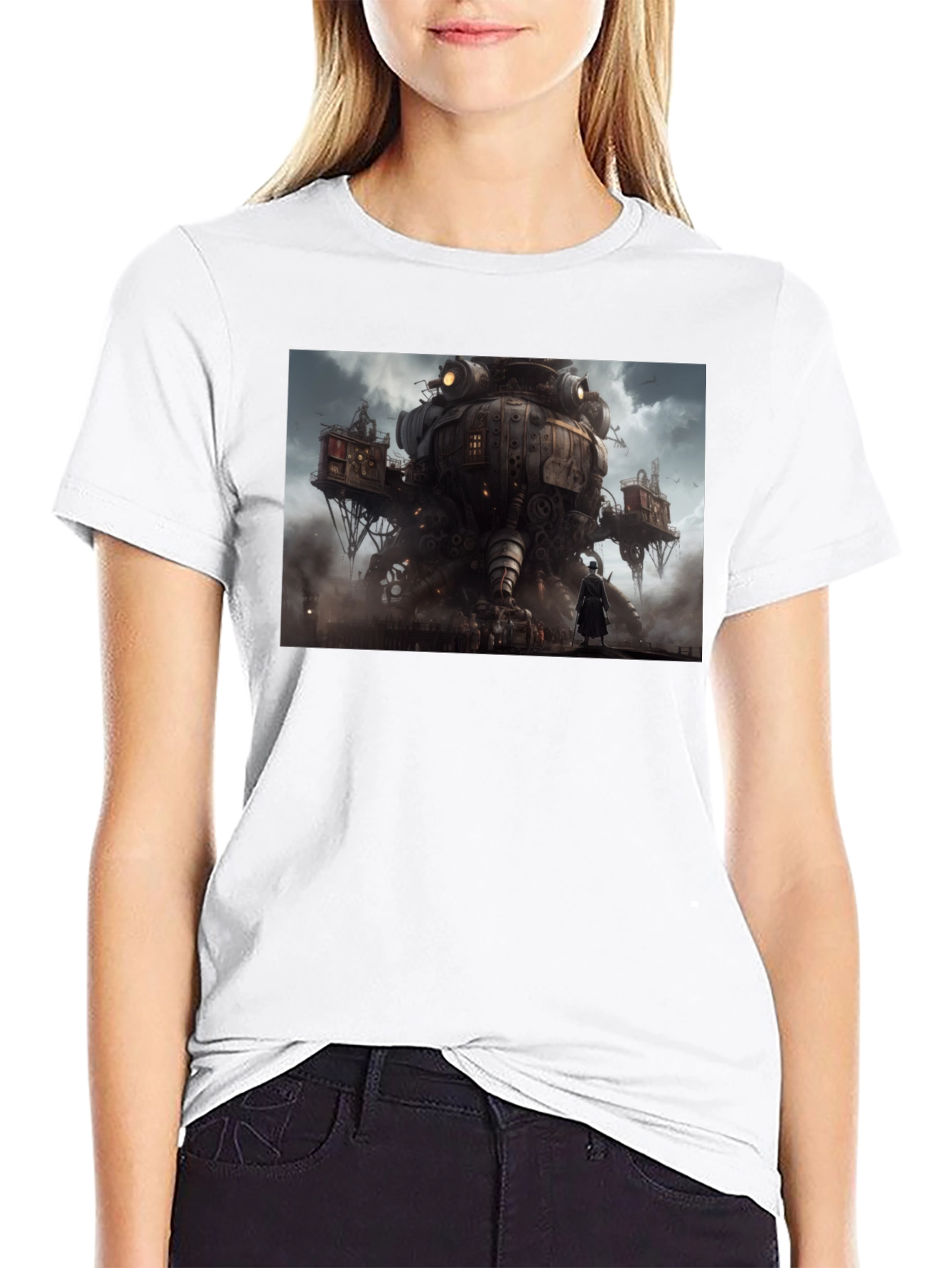 Steampunk Cityscape Graphic Tee - Bold Black Cotton Shirt