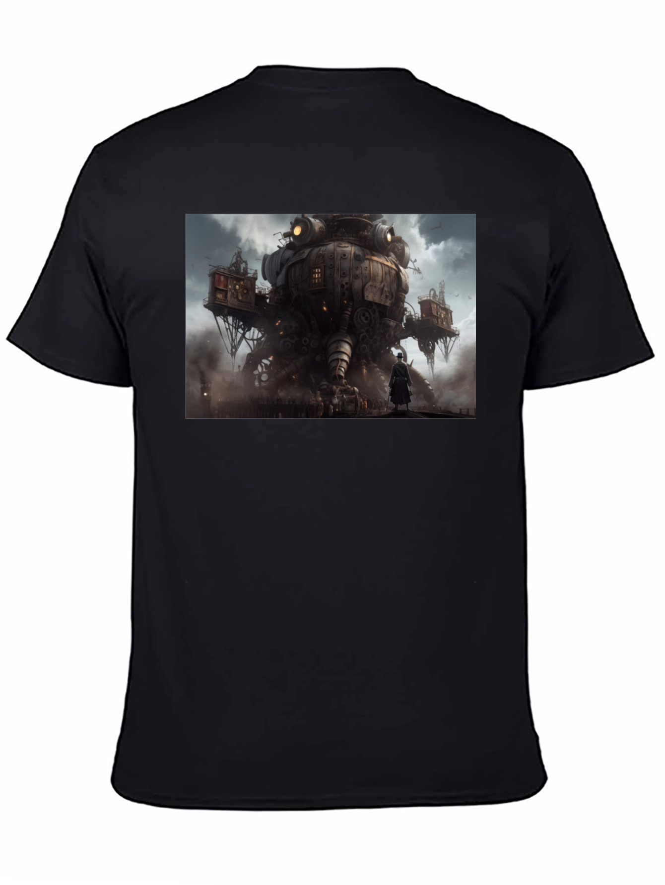 Steampunk Cityscape Graphic Tee - Bold Black Cotton Shirt
