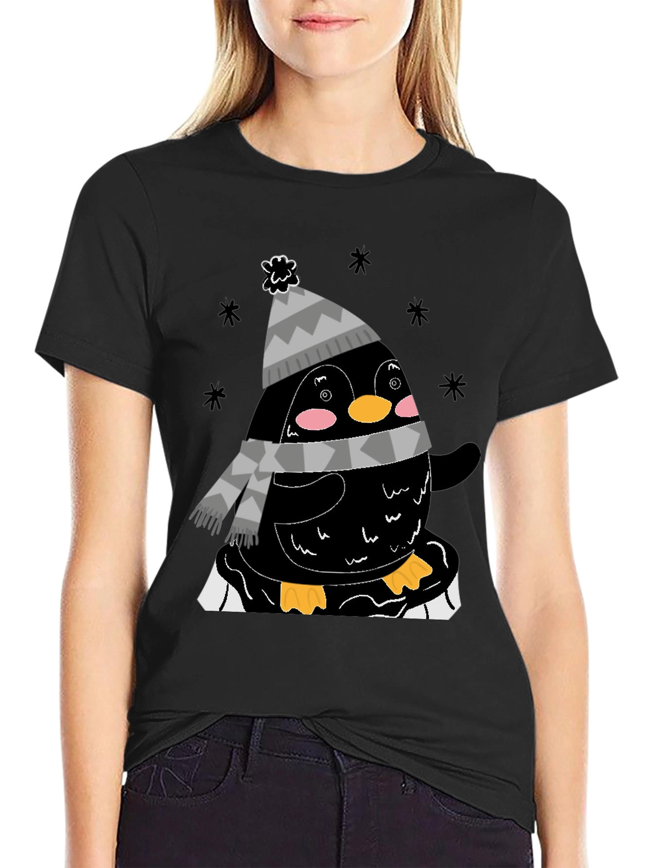 Winter Penguin Graphic Tee - Black Casual Shirt
