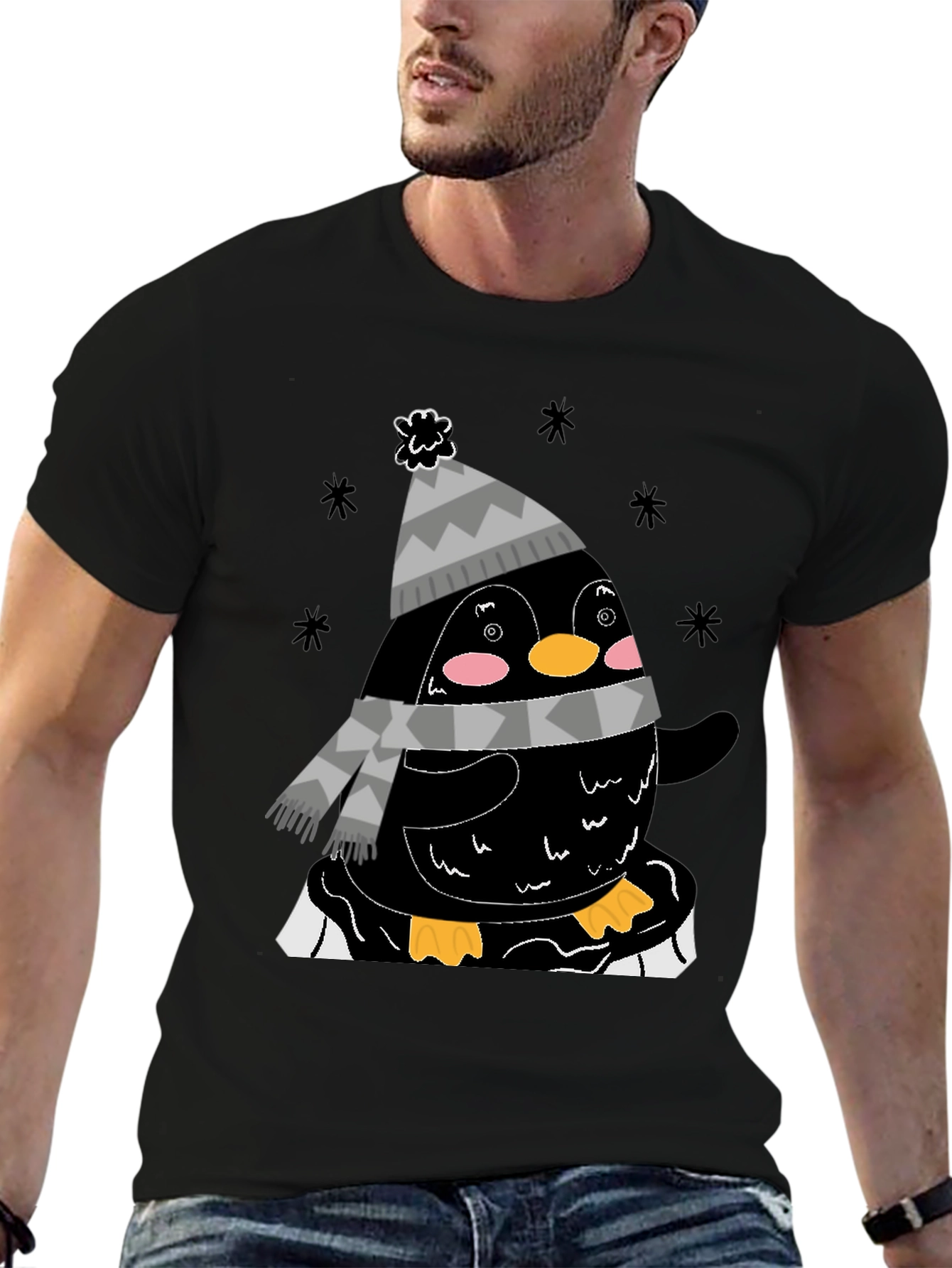 Winter Penguin Graphic Tee - Black Casual Shirt