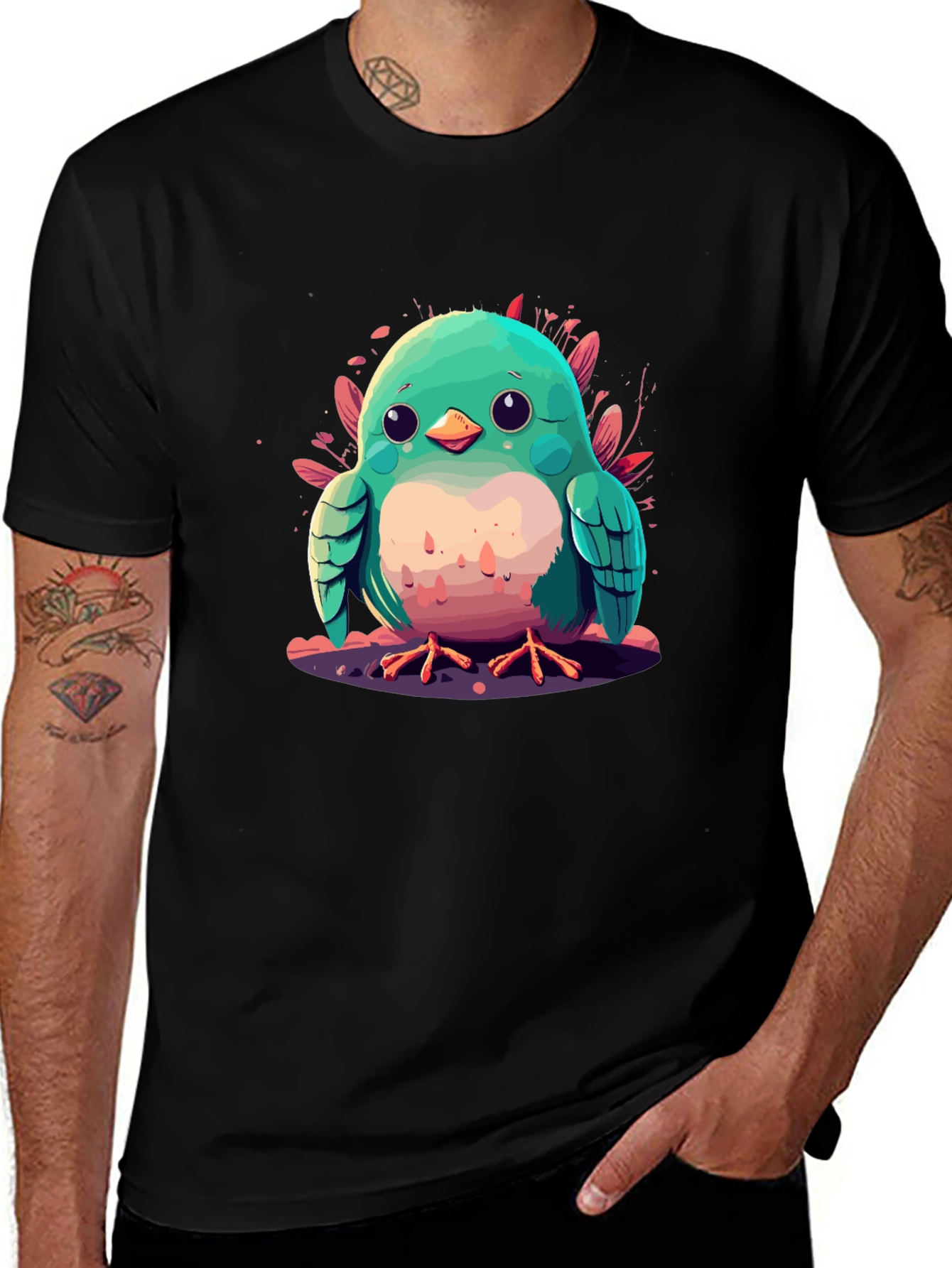 Cute Bird Graphic Black T-Shirt