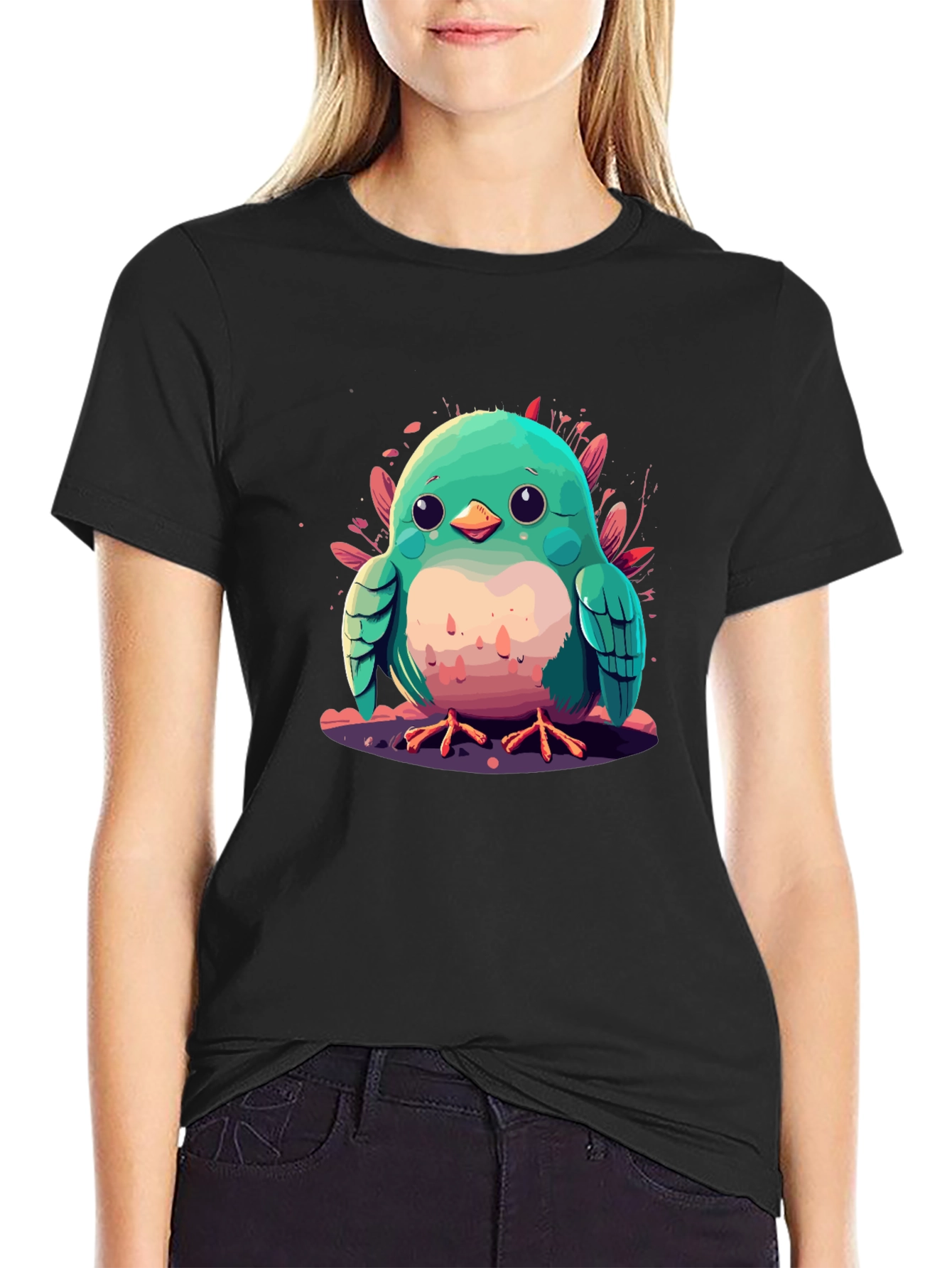 Cute Bird Graphic Black T-Shirt