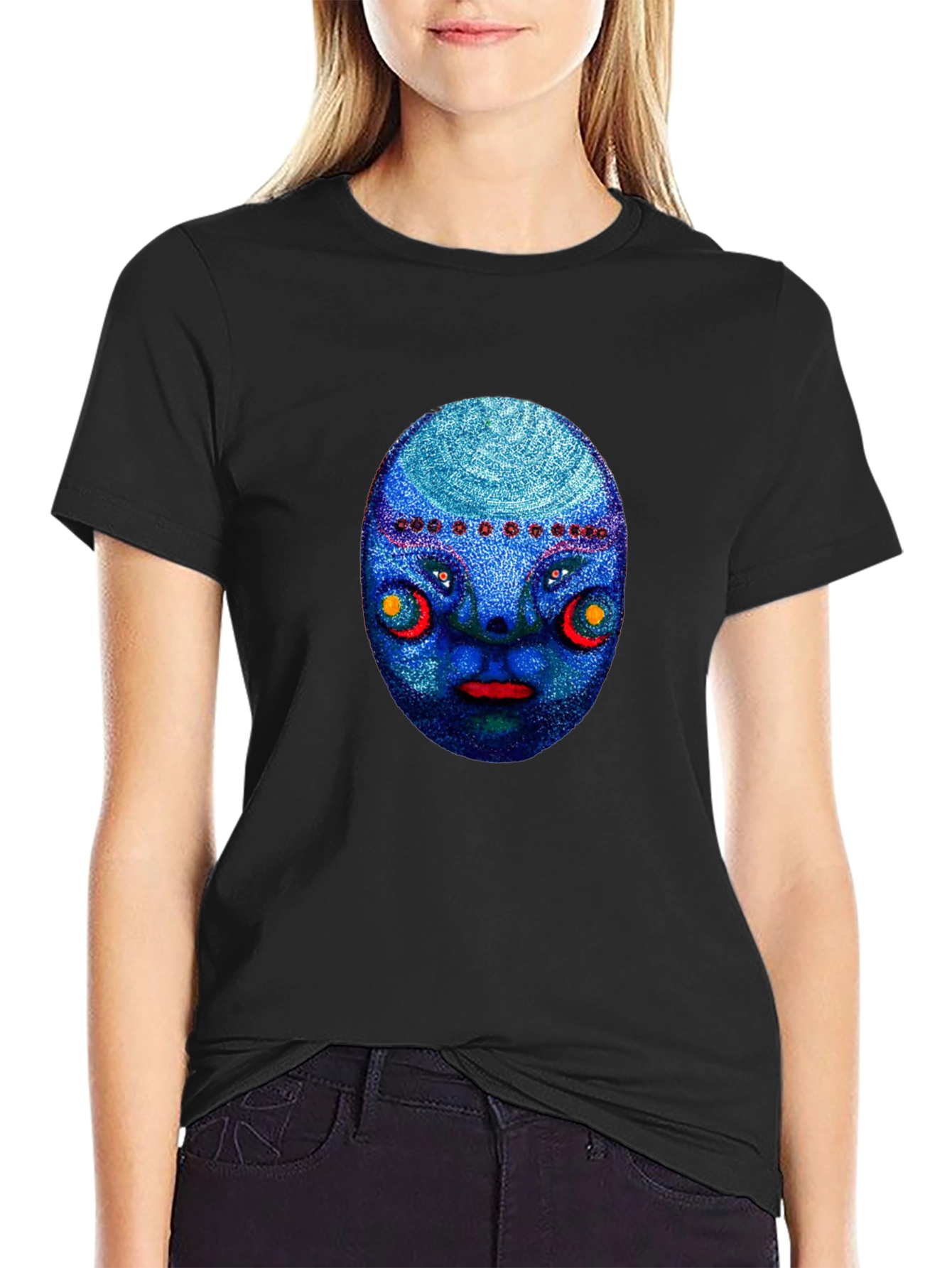 Unique Blue Face Graphic Black T-Shirt