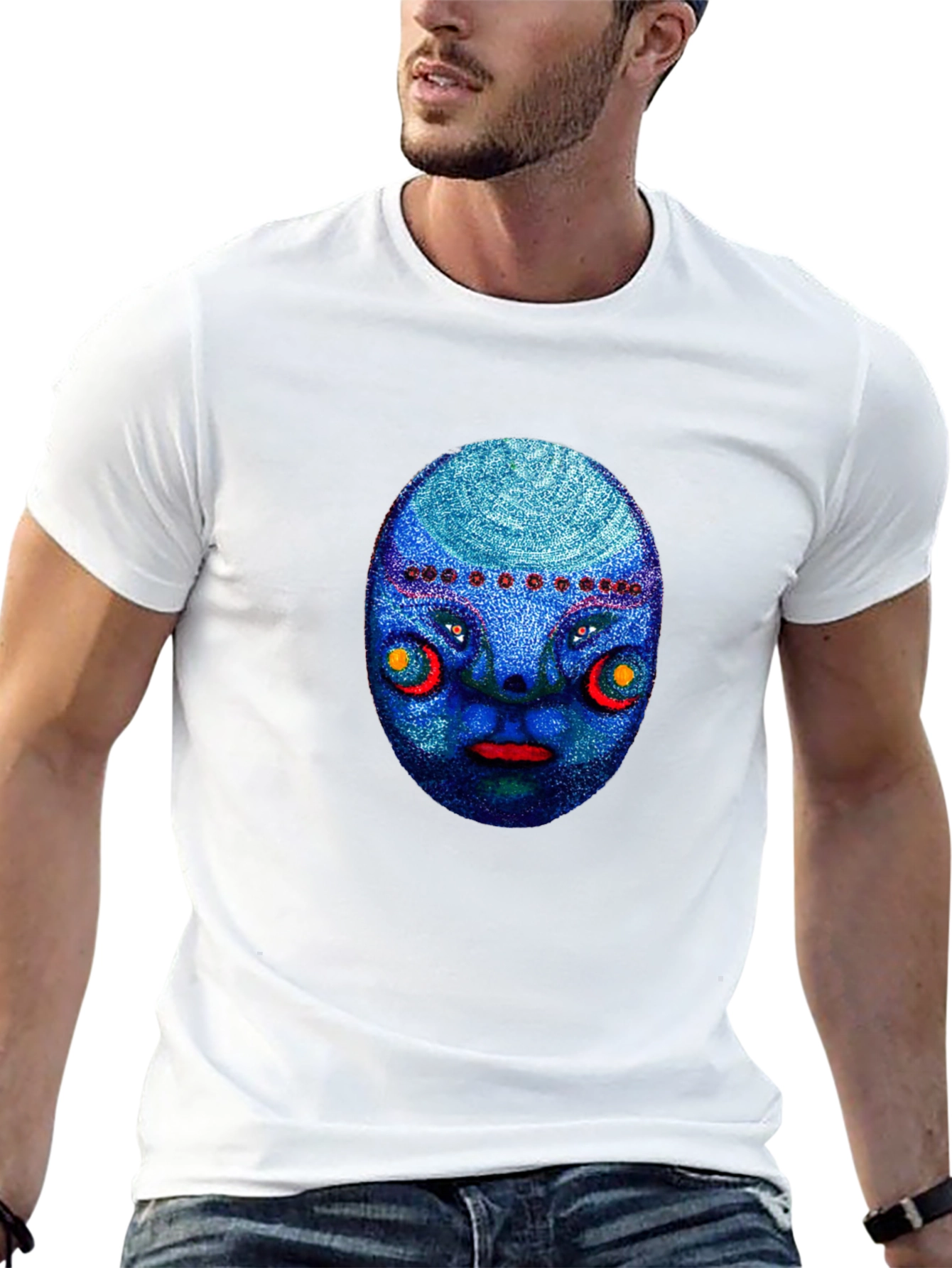 Unique Blue Face Graphic Black T-Shirt