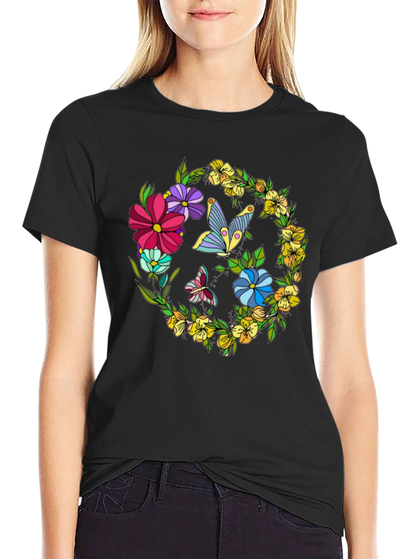 Floral Butterfly Black Graphic T-Shirt