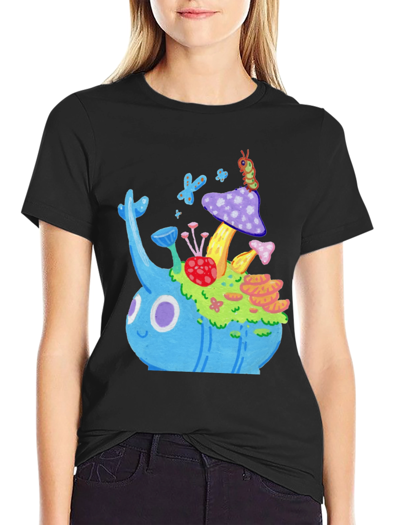 Whimsical Mushroom Garden Graphic Tee - Black