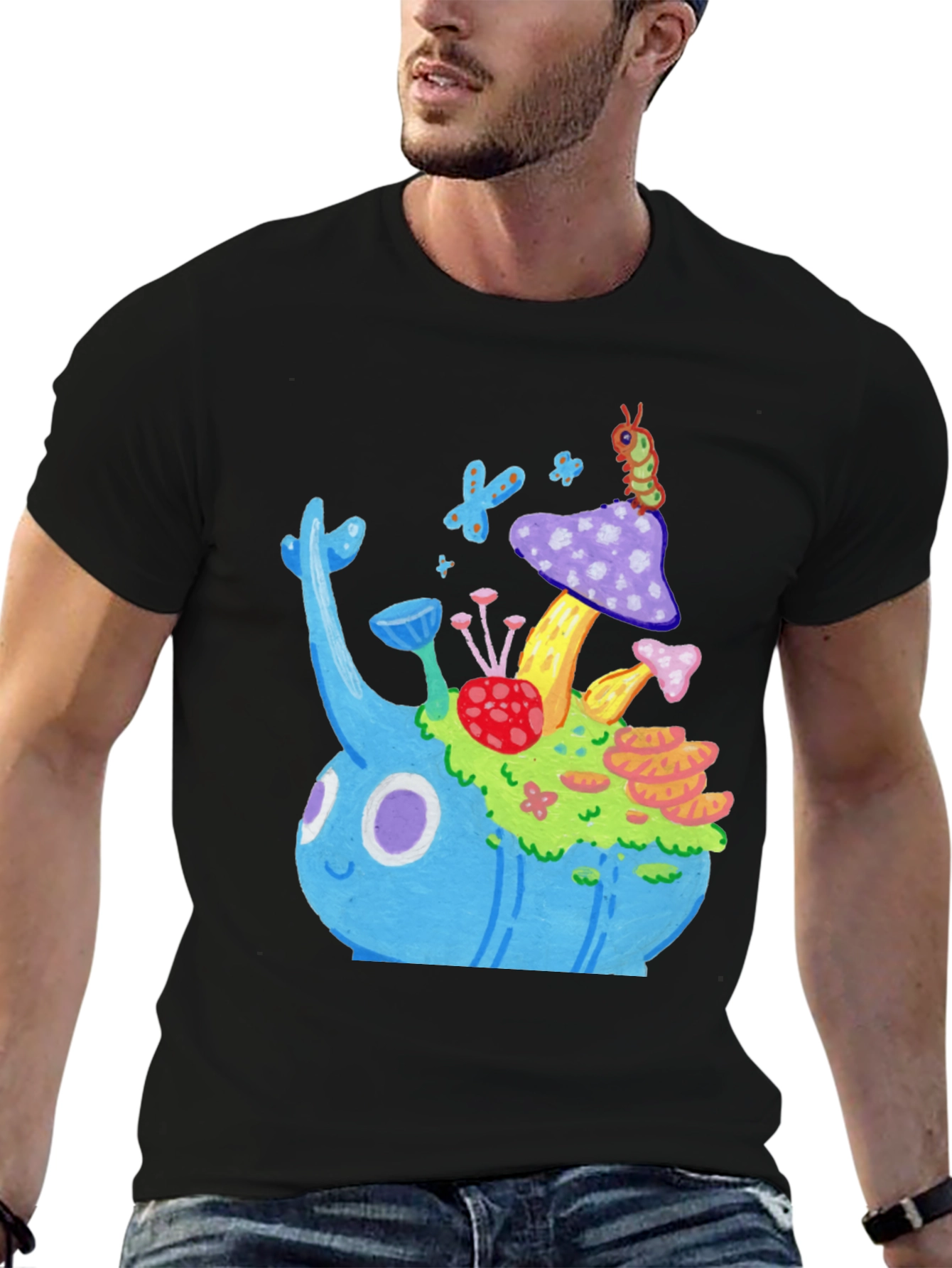 Whimsical Mushroom Garden Graphic Tee - Black